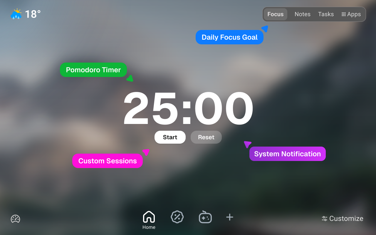 Pomodoro focus timer with custom sessions and system notifications