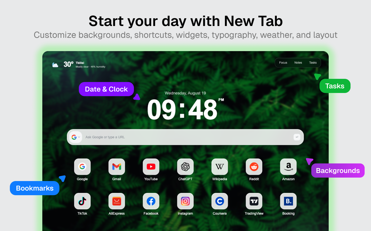 New Tab dashboard showing clock, search, weather, tasks, bookmarks, and a forest background