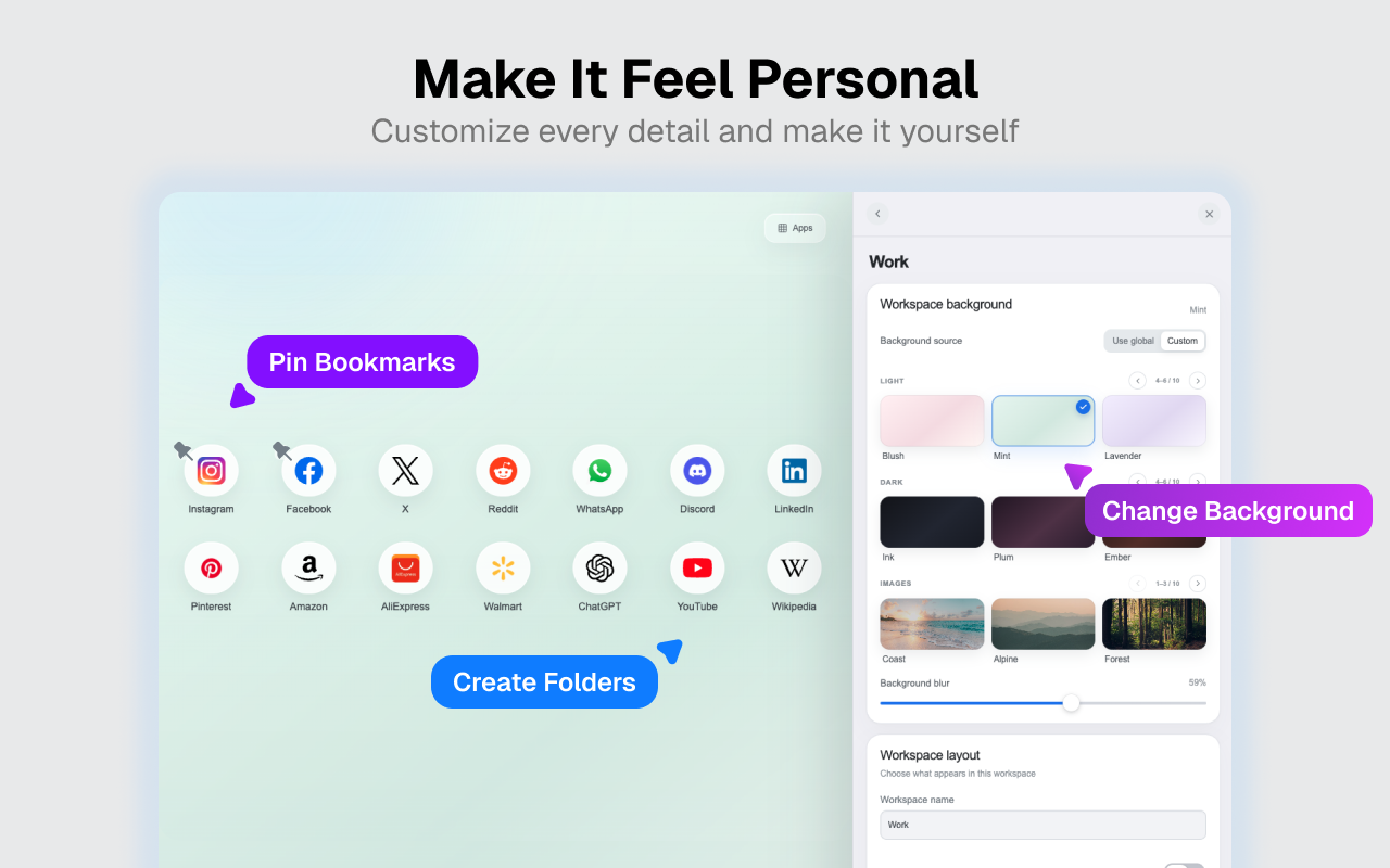 New Tab customization panel for bookmarks, folders, and backgrounds
